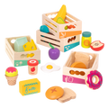 Wooden play food in crates.