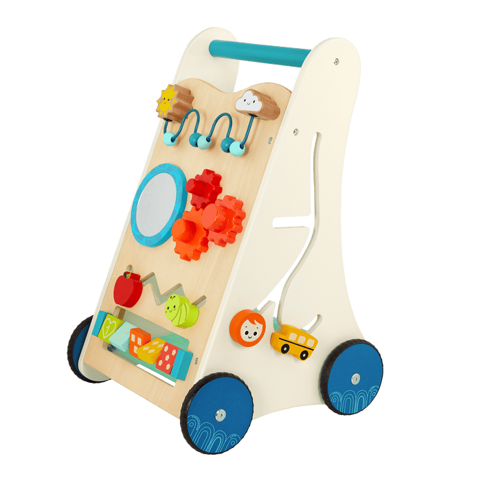 Wooden toddler activity walker with storage