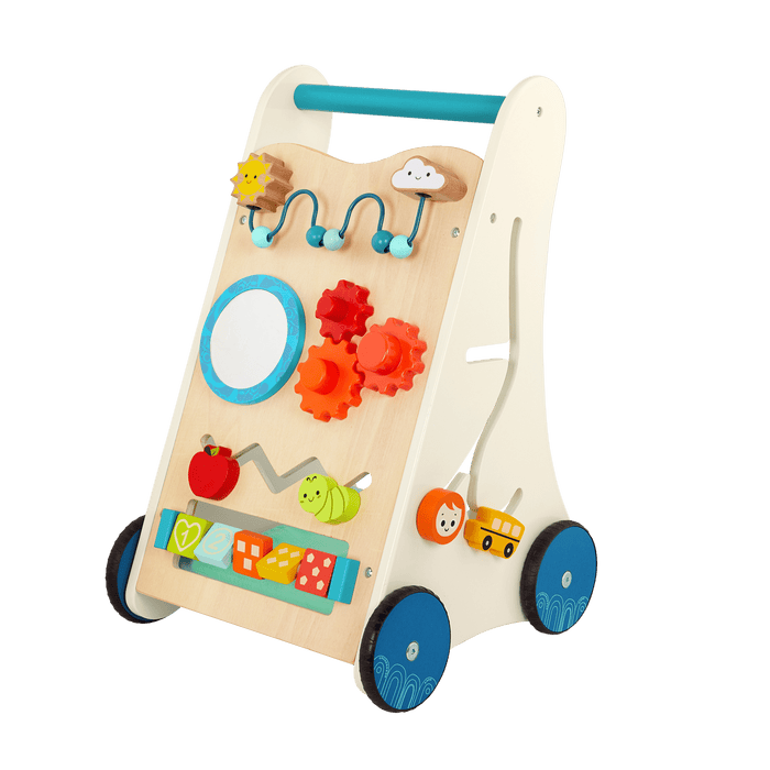 Wooden toddler activity walker with storage