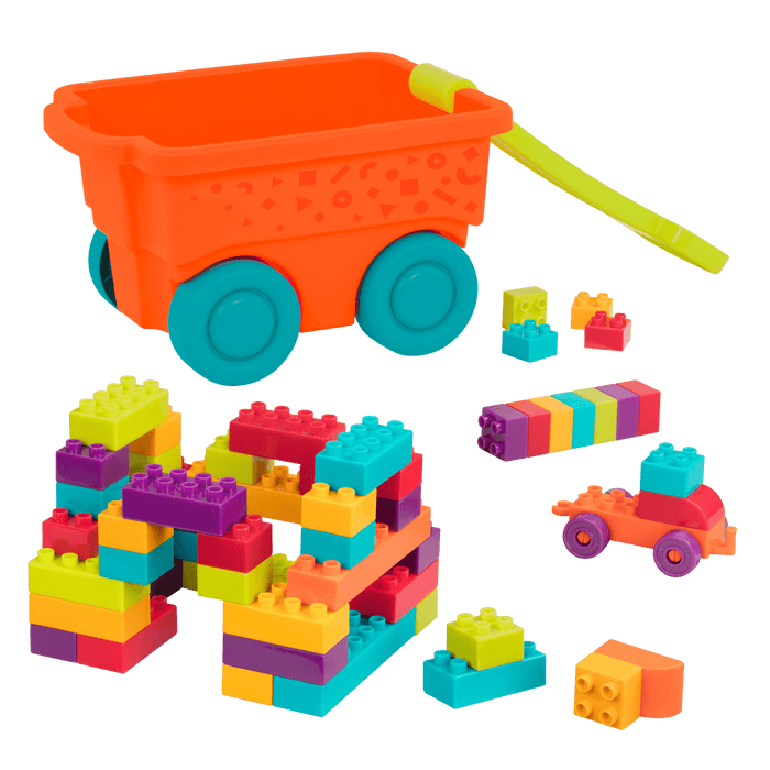 Big building blocks with an orange wagon.