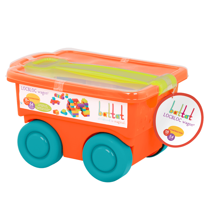Big building blocks with an orange wagon.