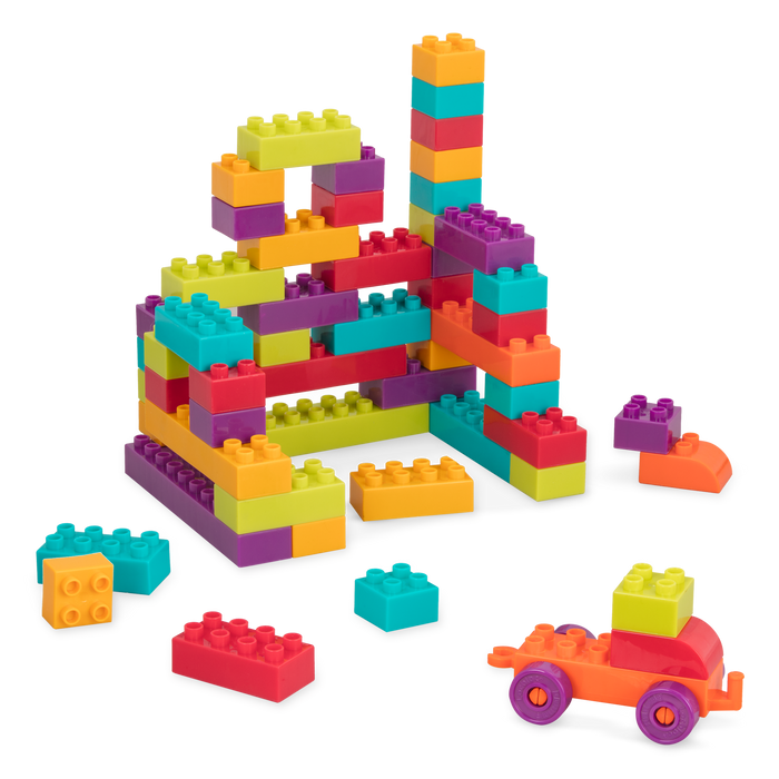 Big building blocks with an orange wagon.