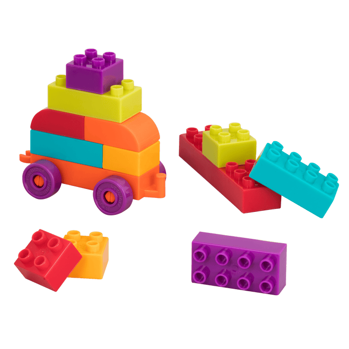 Big building blocks with an orange wagon.