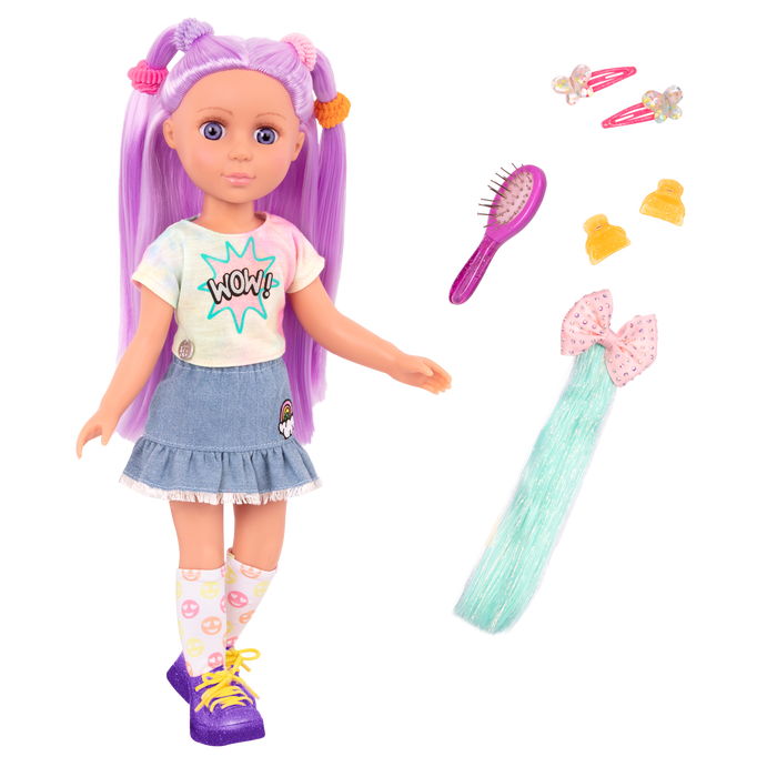 14-inch posable doll with purple hair and purple eyes with extension