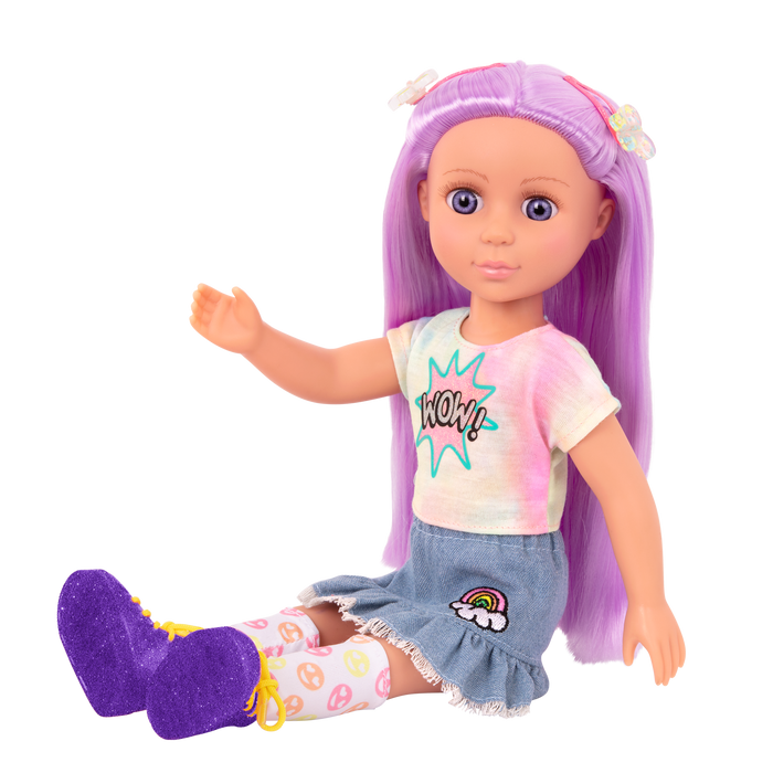 14-inch posable doll with purple hair and purple eyes with extension