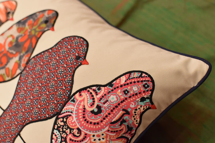 Lumbar Beige Birds On Wire Decorative Pillow Cover Cotton Applique Work 14"x20" - KashmirDesigns
