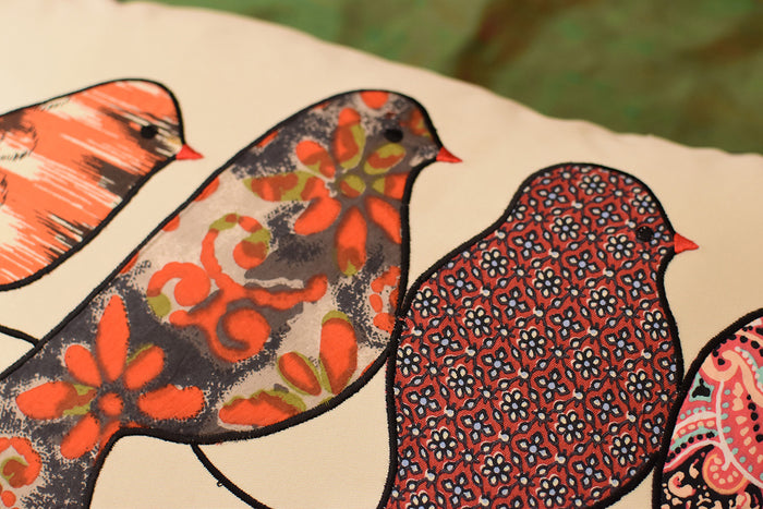 Lumbar Beige Birds On Wire Decorative Pillow Cover Cotton Applique Work 14"x20" - KashmirDesigns