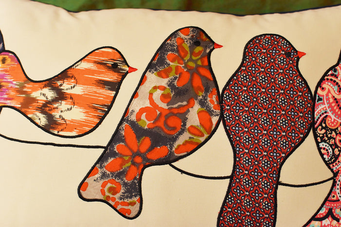 Lumbar Beige Birds On Wire Decorative Pillow Cover Cotton Applique Work 14"x20" - KashmirDesigns