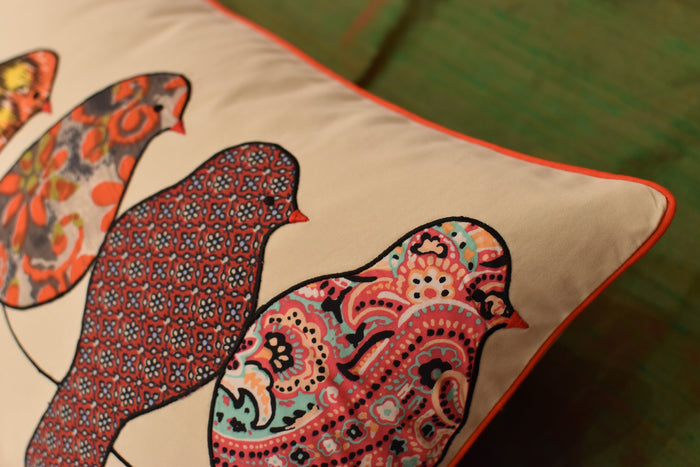 Lumbar Beige Birds On Wire I Decorative Pillow Cover Cotton Applique 14"x20" - KashmirDesigns