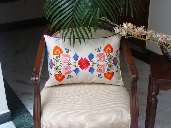 Lumbar Beige Floral Cotton Decorative Pillow Cover Silk Embroidery  14"x20" - KashmirDesigns