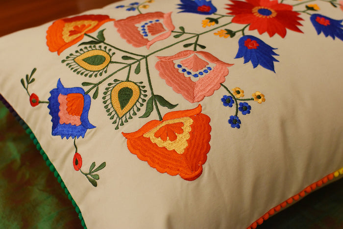Lumbar Beige Floral Cotton Decorative Pillow Cover Silk Embroidery  14"x20" - KashmirDesigns