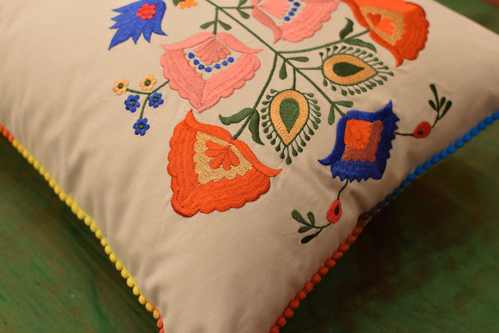Lumbar Beige Floral Cotton Decorative Pillow Cover Silk Embroidery  14"x20" - KashmirDesigns