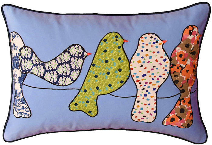 Lumbar Blue Birds On Wire Decorative Pillow Cover Cotton Applique Work 14"x20" - KashmirDesigns