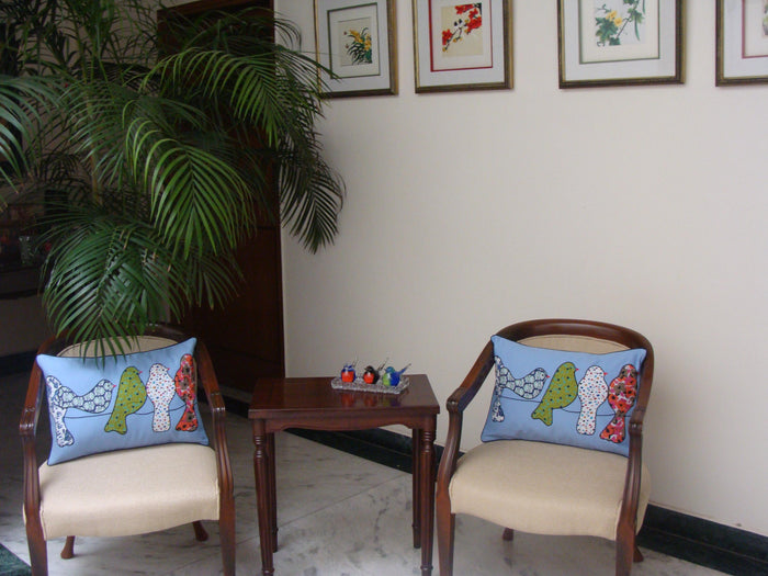 Lumbar Blue Birds On Wire Decorative Pillow Cover Cotton Applique Work 14"x20" - KashmirDesigns