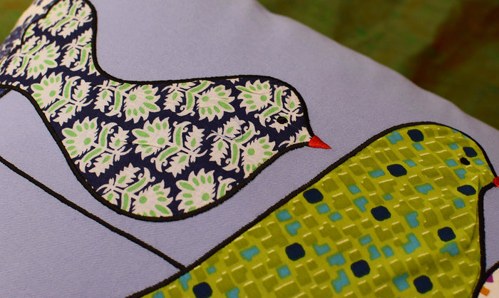 Lumbar Blue Birds On Wire Decorative Pillow Cover Cotton Applique Work 14"x20" - KashmirDesigns