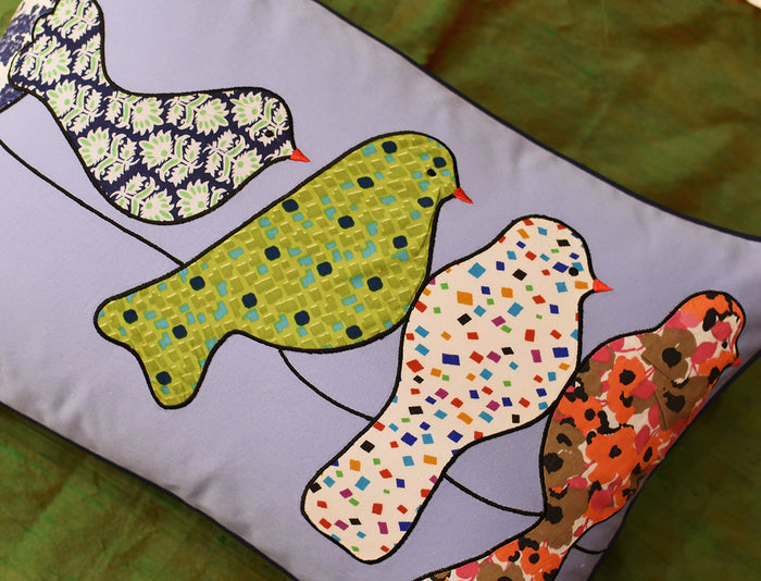 Lumbar Blue Birds On Wire Decorative Pillow Cover Cotton Applique Work 14"x20" - KashmirDesigns