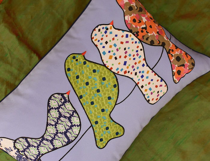 Lumbar Blue Birds On Wire Decorative Pillow Cover Cotton Applique Work 14"x20" - KashmirDesigns