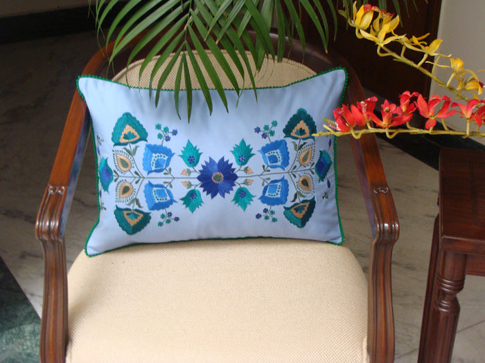 Lumbar Blue Floral Cotton Decorative Pillow Cover Silk Embroidery  14"x20" - KashmirDesigns