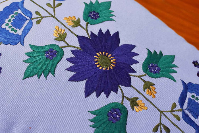 Lumbar Blue Floral Cotton Decorative Pillow Cover Silk Embroidery  14"x20" - KashmirDesigns