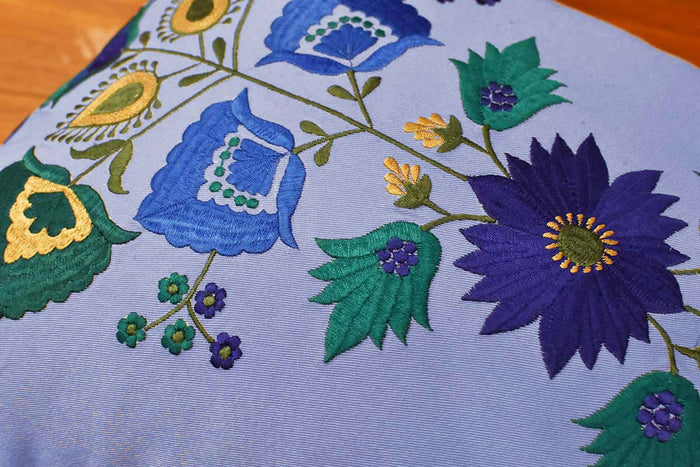 Lumbar Blue Floral Cotton Decorative Pillow Cover Silk Embroidery  14"x20" - KashmirDesigns