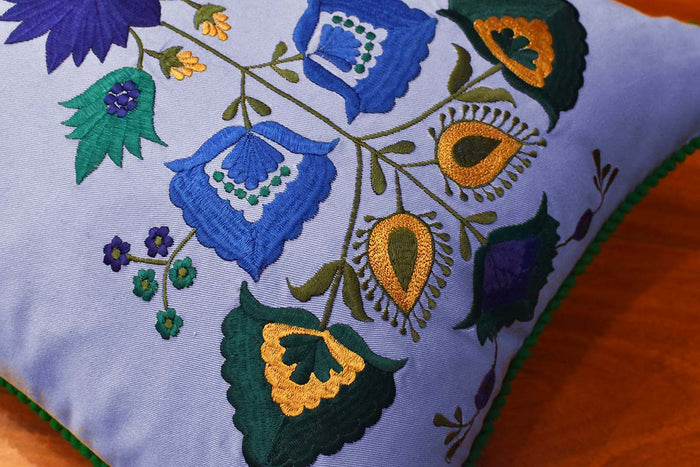 Lumbar Blue Floral Cotton Decorative Pillow Cover Silk Embroidery  14"x20" - KashmirDesigns