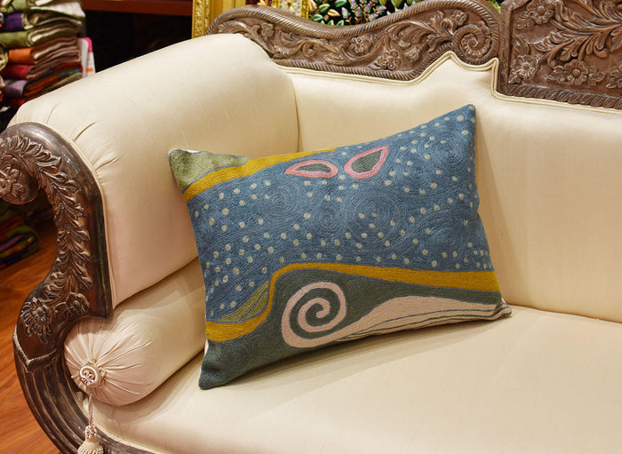 Lumbar Klimt Night Sky Blue Decorative Pillow Cover Handembroidered Wool 14"x20" - KashmirDesigns