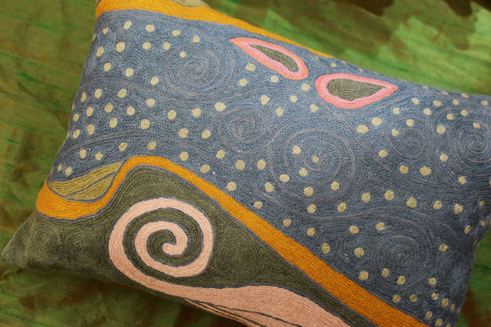 Lumbar Klimt Night Sky Blue Decorative Pillow Cover Handembroidered Wool 14"x20" - KashmirDesigns