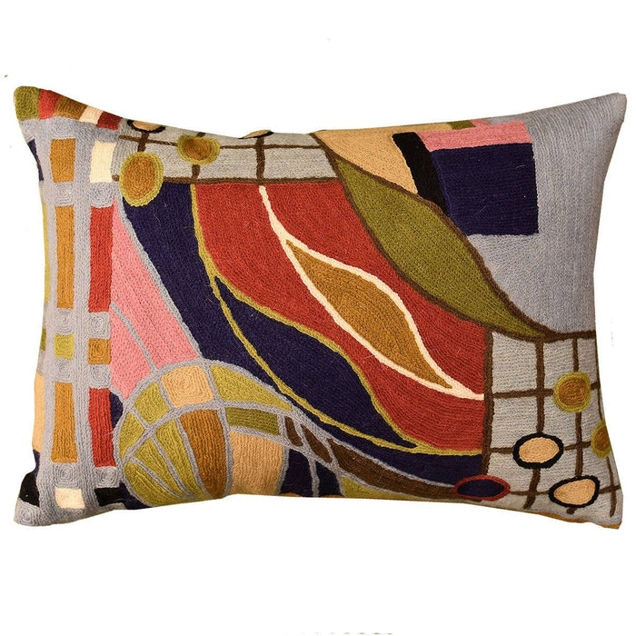 Lumbar Hundertwasser Pillow Cover Biomorph II Rectangle Wool Hand Embroidered 14" x 20" - KashmirDesigns
