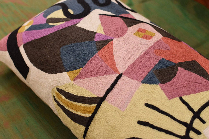 Lumbar Ivory Decorative Pillow Cover Rectangle Wool Hand Embroidered 13" x 21" - KashmirDesigns