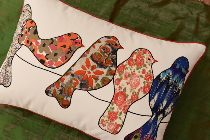 Lumbar White Birds On Wire Decorative Pillow Cover Cotton Applique Work 14"x20" - KashmirDesigns