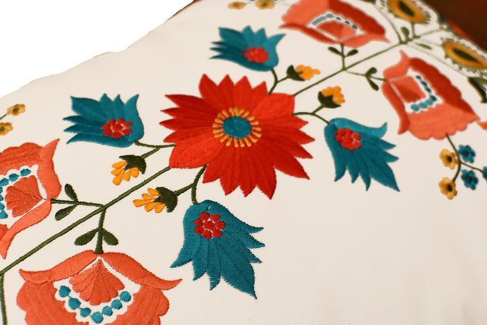 Lumbar White Floral Cotton Decorative Pillow Cover Silk Embroidery 14"x20" - KashmirDesigns
