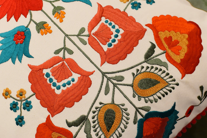Lumbar White Floral Cotton Decorative Pillow Cover Silk Embroidery 14"x20" - KashmirDesigns