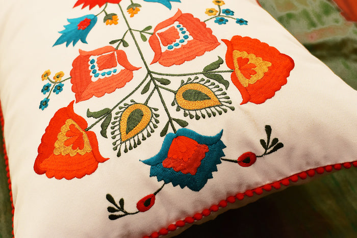 Lumbar White Floral Cotton Decorative Pillow Cover Silk Embroidery 14"x20" - KashmirDesigns