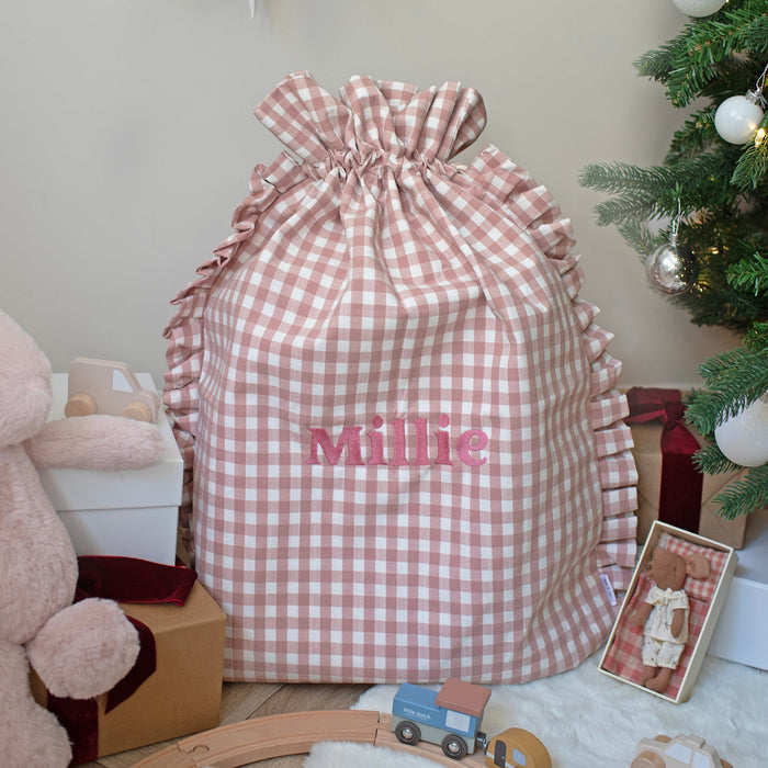 Mabel & Fox - Personalised Pink Gingham Ruffle Gift Sack - Embroidered