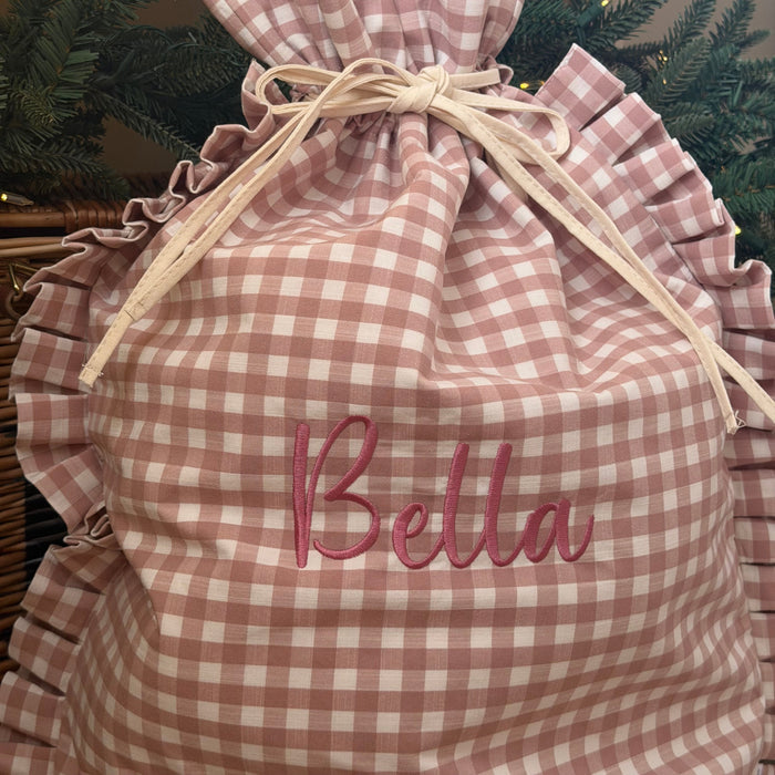 Mabel & Fox - Personalised Pink Gingham Ruffle Gift Sack - Embroidered