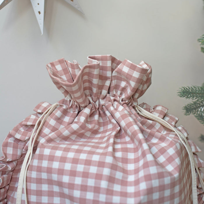 Mabel & Fox - Personalised Pink Gingham Ruffle Gift Sack - Embroidered