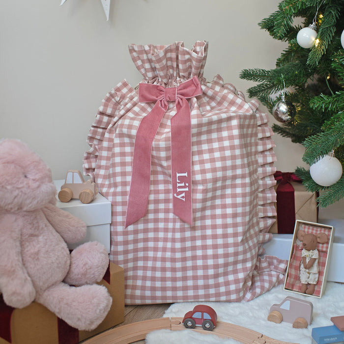 Mabel & Fox - Personalised Pink Gingham Ruffle Gift Sack - Velvet Bow