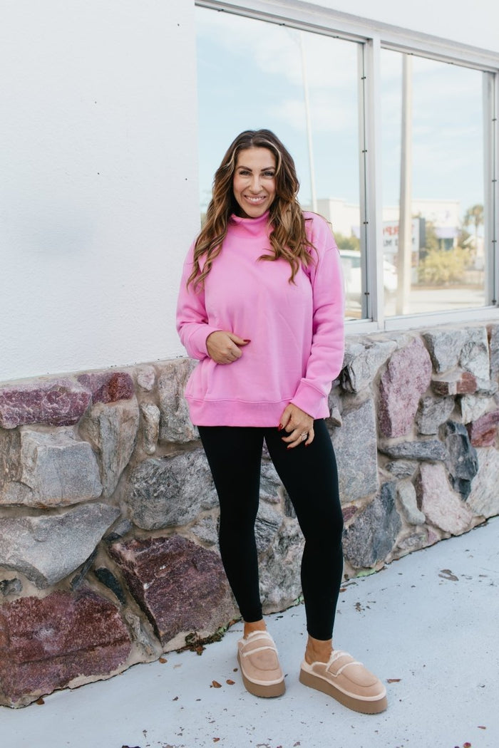 Presale: Macoma Embroidered Mock Neck Sweatshirt In Pink - FINAL SALE - Macoma Boutique555 Presales
