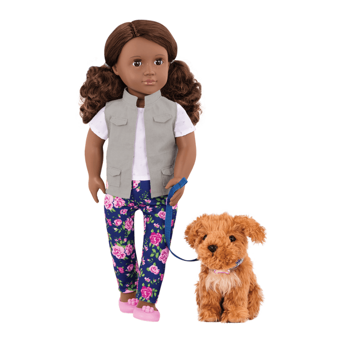 18-inch doll with brown hair and brown eyes walking poodle dog plushie