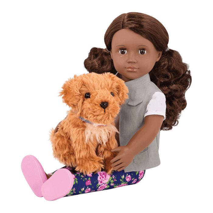 18-inch doll with brown hair and brown eyes walking poodle dog plushie