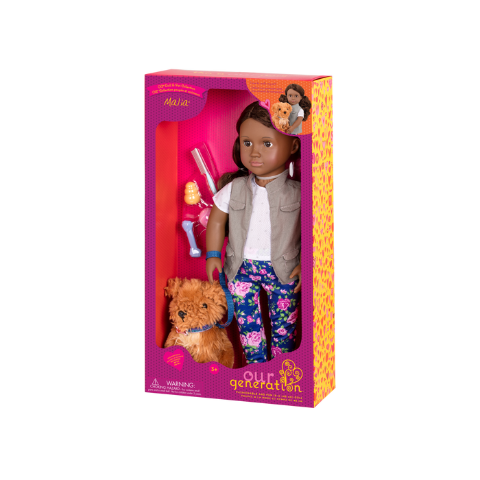 18-inch doll with brown hair and brown eyes walking poodle dog plushie