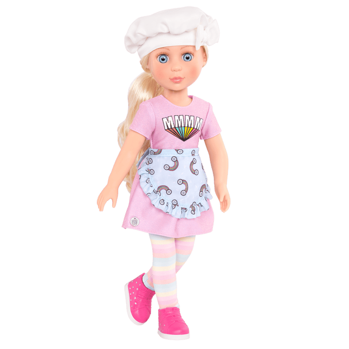 14-inch posable doll with blonde hair and blue eyes