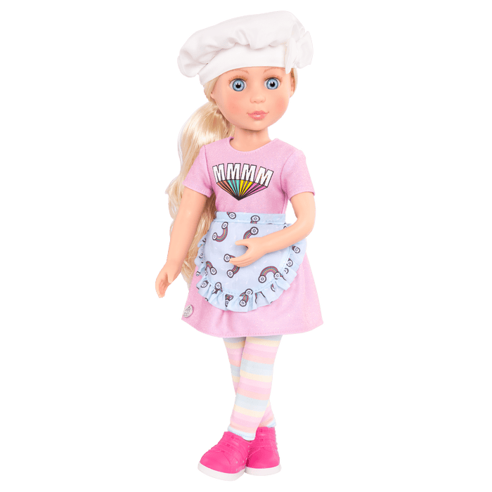 14-inch posable doll with blonde hair and blue eyes