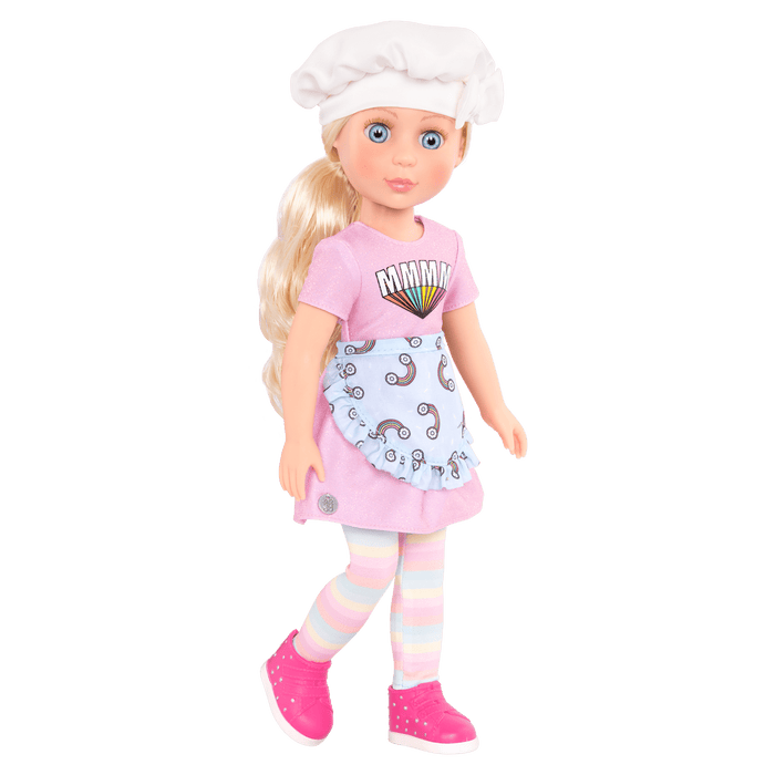 14-inch posable doll with blonde hair and blue eyes