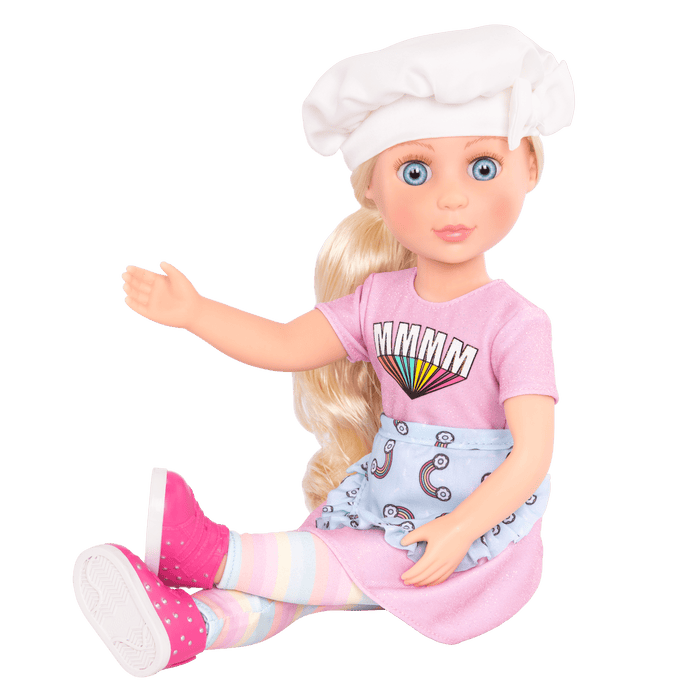 14-inch posable doll with blonde hair and blue eyes