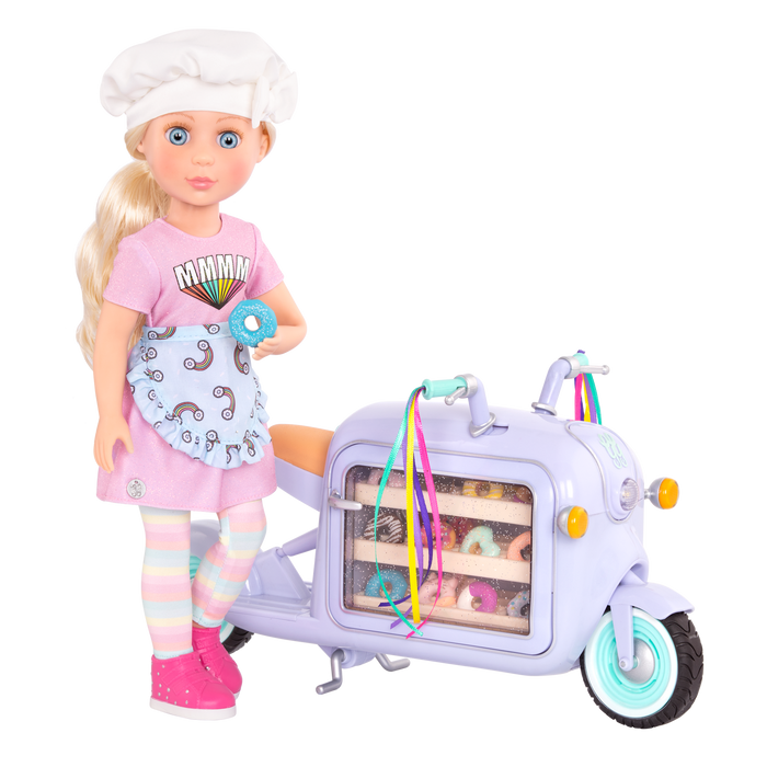 14-inch posable doll with blonde hair and blue eyes
