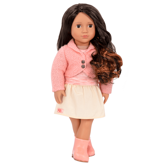 18-inch doll with dark-brown hair, auburn highlights and brown eyes