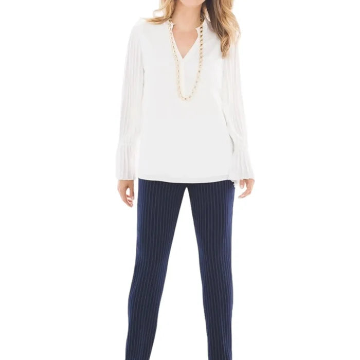 Women's Mid Rise Navy Pinstripe Slimming Pants - 32x27 -Wild Time Fashion