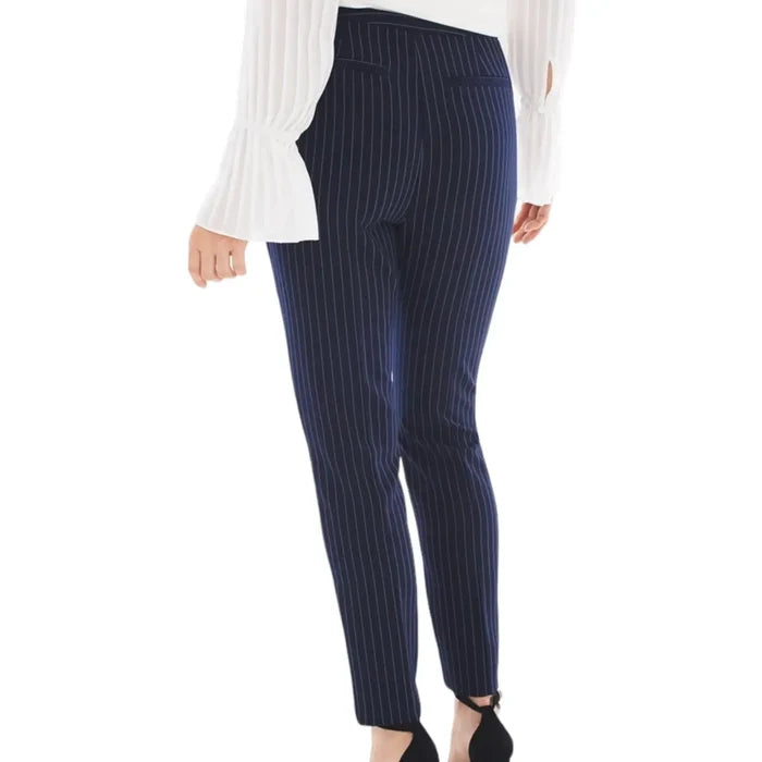 Women's Mid Rise Navy Pinstripe Slimming Pants - 32x27 -Wild Time Fashion