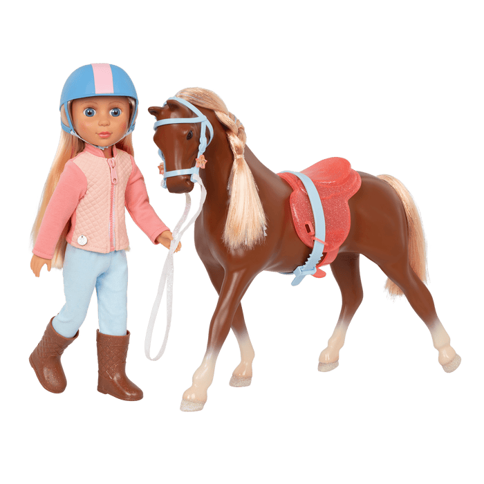 14-inch posable doll with blonde hair and blue eyes standing next to toy horse